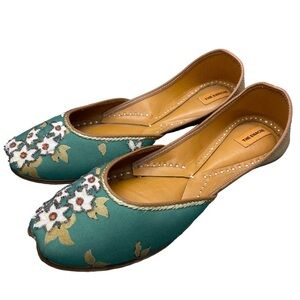 The Enache Green Floral Slip‎ On Ballet Shoes Khussa Indian Shoes Wear EU 39